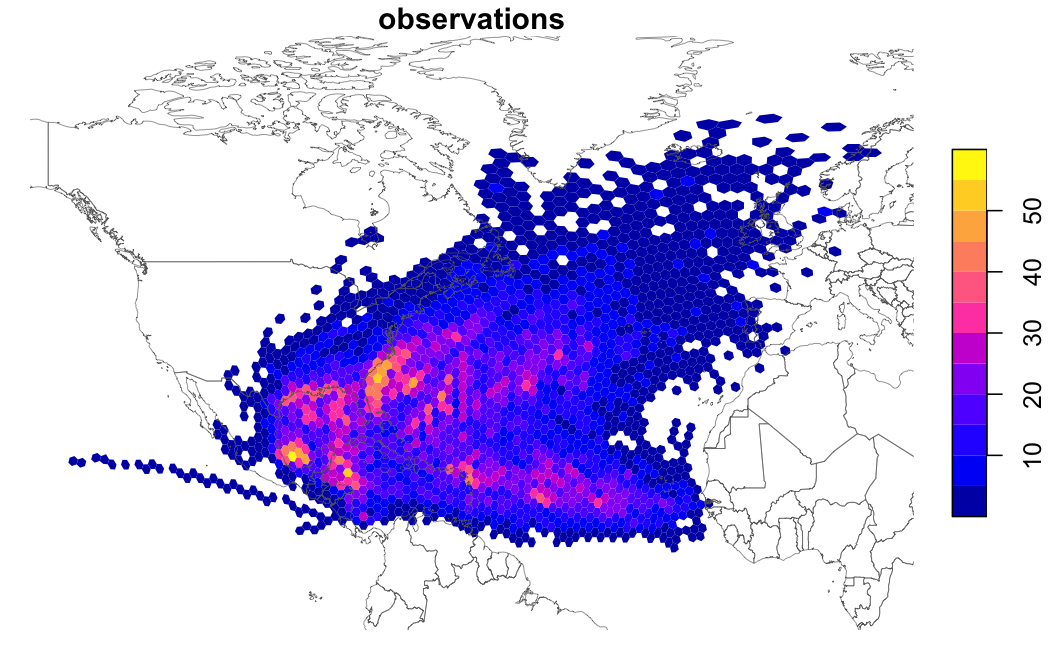 Map of Atlantic storm observation counts in equal-area hexagons, highest in the Gulf of Mexico and Caribbean.